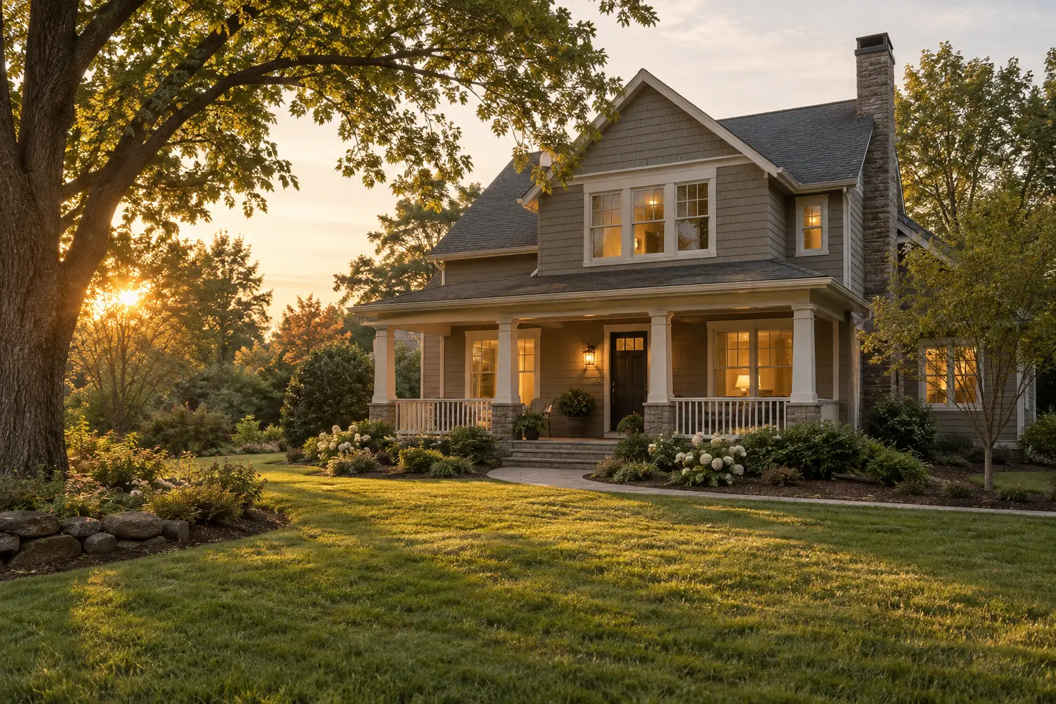 A warmly lit classic property with a welcoming porch and mature trees